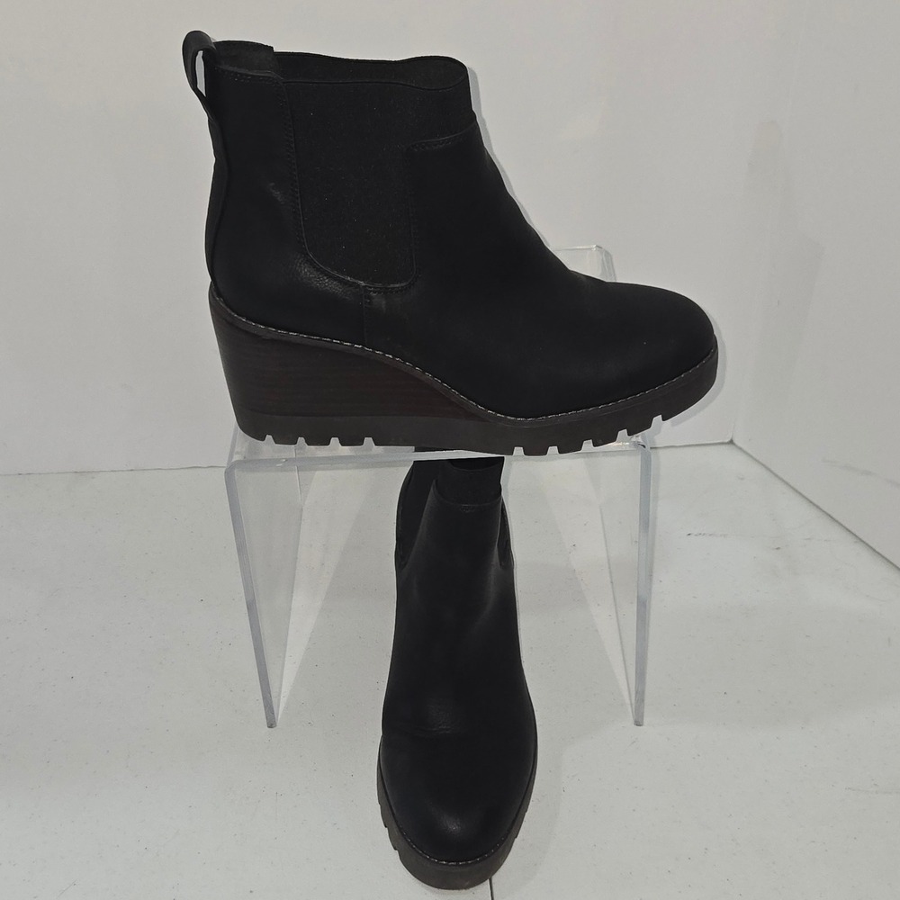 Crown Vintage Black Wedge Chelsea Ankle Boots Lug Sole Platform 7.5M AC924